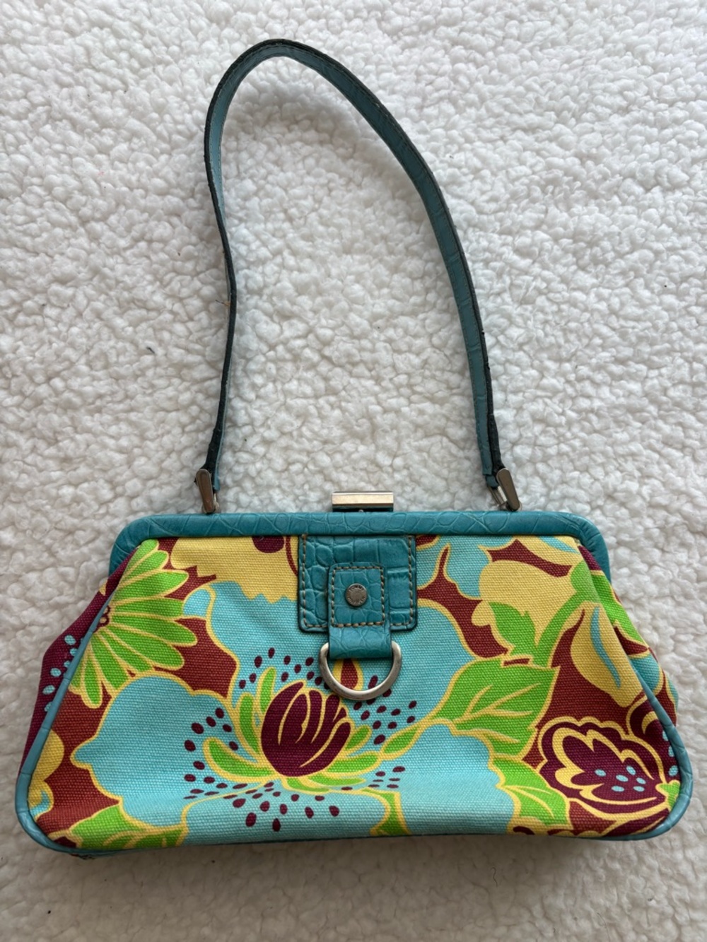 Tommy Hilfiger Vintage Y2K Turquoise Floral Print Canvas Shoulder Bag